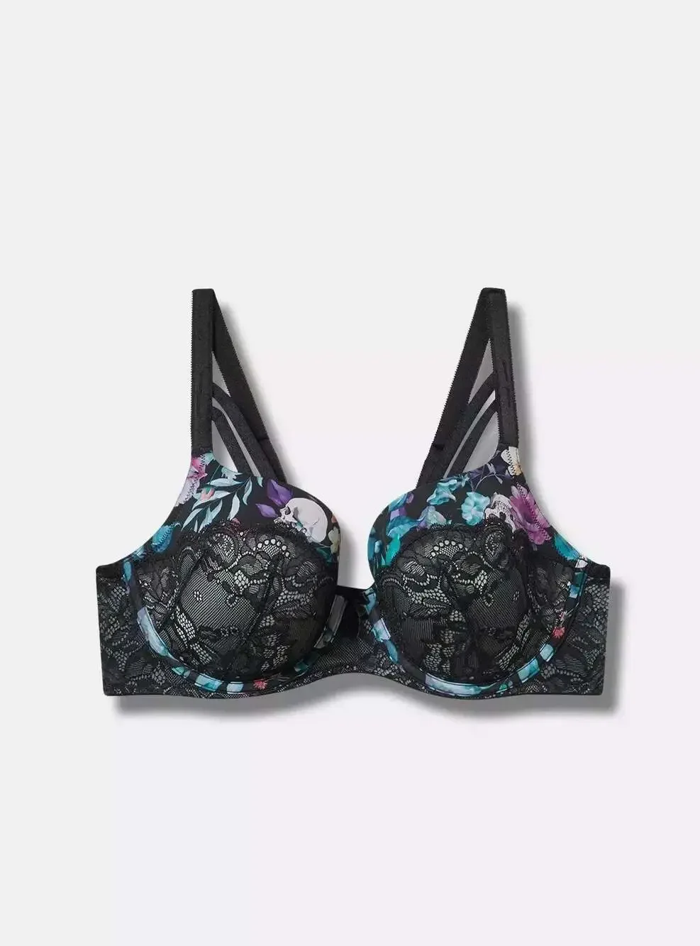 Torrid Skull Gardens Floral Black Lightly Lined Strappy T-Shirt Bra Size 44D